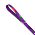A purple dog lead featuring colourful patterns and a metal ring for attachment. It has a smooth fabric texture.