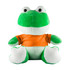 A green frog plush toy wearing an orange shirt, with large eyes and a soft texture. The toy has white underparts.