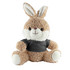 A plush rabbit in light brown with white accents, wearing a grey shirt. The rabbit has large ears and a soft texture.