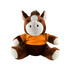 A brown and cream horse plush toy wearing an orange shirt, featuring a friendly face and soft fur.