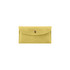 A yellow PU leather glasses pouch with a flap closure and a decorative button. Features a simple logo. 