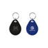 Two NFC keytags with keyrings, one black and one blue, each featuring a logo.