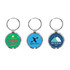 Three NFC epoxy round tags with a metal keyring, featuring green, blue, and a multi-coloured design. Each tag has a logo.