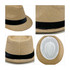 A straw hat in a natural tan colour with a black fabric band around the base. Includes an internal lining.