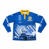 A blue long sleeve polyester polo shirt featuring a racing design with a yellow collar and a logo.