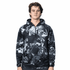 A men's 1/4 zip fishing hoodie in black with a grey abstract pattern, featuring a hood and a logo.