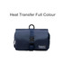 A navy folding travel toiletry bag with a strap, a hook, and a branding logo. It features zippered compartments.