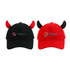 A black and a red baseball cap with horn-shaped accents and branding on the front.