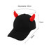 A black baseball cap featuring red devil horns, adjustable size, with dimensions provided.