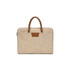 A beige suede PU leather laptop bag with brown handles and a zip closure, featuring a small logo on the side.