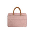 A pink suede PU leather laptop bag with a brown handle and a front pocket. It has a logo on the side.
