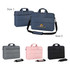 A range of laptop bags in grey, pink, navy, and black, featuring handles and detachable straps, with a logo on one.