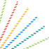 A collection of disposable 4-ply straight angled paper straws in red, yellow, blue, green, and white striped designs.