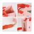 A pink EVA tote bag with red handles and an adjustable orange strap, featuring small decorative elements.
