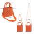 An orange mini beach bag with holes, featuring two handles and an adjustable strap, shown in multiple angles.