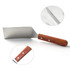 A stainless steel turner with a wooden handle and two rivets, featuring a flat blade design.