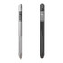 A metal pen set featuring a silver pen and a black pen, both with textured grips and branding.