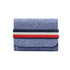 A grey felt organiser with a striped elastic band in navy, white, and red, featuring a logo on the front.