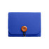 A blue felt essential oil bag with a wooden button closure. It has a simple and compact design.