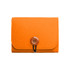 An orange felt bag with a button closure and elastic band, featuring a simple and compact design.