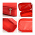 A red first aid kit bag with a zip closure and transparent compartments, featuring a logo.