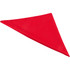 A red bandana in a triangular shape, featuring a simple design and has a logo.