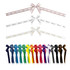 Adhesive ribbon bows in various colours, including gold, white, blue, green, and brown, displayed in multiple lengths and styles.
