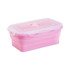 A pink collapsible silicone food storage container with a clear lid and a round vent. Features branding on the lid.