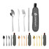 A travel cutlery set featuring a spoon, knife, fork, and chopsticks in silver and gold, packed in a grey case with a logo.