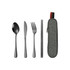 A travel cutlery set featuring a spoon, knife, fork, and chopsticks, enclosed in a grey pouch with a coloured zipper.