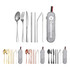 A stainless steel flatware set with seven pieces, including spoons, forks, knives, and straws, in multiple colours with a case.