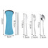 A blue cutlery set in a pouch, including chopsticks, a knife, fork, and spoon, with specified dimensions.