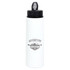 A drink bottle made of recycled stainless steel, features a white body and a black lid with a logo.