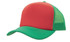 A truckers mesh cap featuring a red front and a green mesh back. The cap has a curved peak and is adjustable.