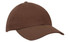 A brown baseball cap with a rounded crown and a curved brim, featuring a logo on the front.