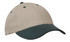 A cap featuring a beige crown and a dark green peak, with a logo on the front.