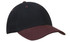 A cap featuring a black crown and a burgundy peak, with a simple logo on the front.