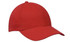 A red cap with a curved brim and an adjustable strap at the back, featuring a logo.