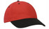 A baseball cap featuring a red crown and a black peak, with a logo on the front.