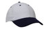 A white cap with a navy blue brim, featuring a logo on the front.