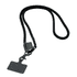 A black phone strap featuring a clip and an attachment for identification or accessories. It has a sleek and modern design.