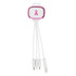 A pink and white 4-in-1 charging cable with multiple connectors and a logo on the back.