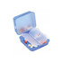 A blue pill box with compartments, partially open, containing various tablets and capsules inside.