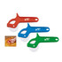 Three pizza cutters with wheels in red, blue, and green, featuring a logo on the handles.