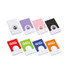 A collection of mobile holders in various colours: purple, pink, black, red, green, blue, and orange, with logos.