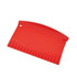 A red ice scraper with a curved edge and teeth along one side. It features a hole for hanging.