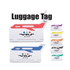 A luggage tag featuring a variety of colours, including red, blue, green, yellow, and purple, with a logo.