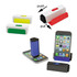 A mobile stand featuring a screen cleaner, available in green, yellow, white, red, and black, with a logo.