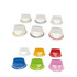 A collection of colourful mobile stands in various shades: clear, blue, green, red, yellow, and pink, including a logo.