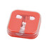 Red earbuds in a clear case featuring white accents and a logo.